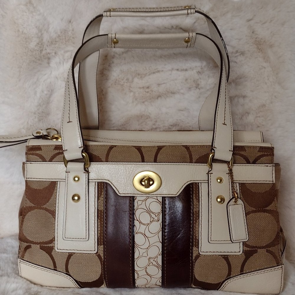 Coach Brown & Khaki Signature Shoulder Bag with Cream Trim